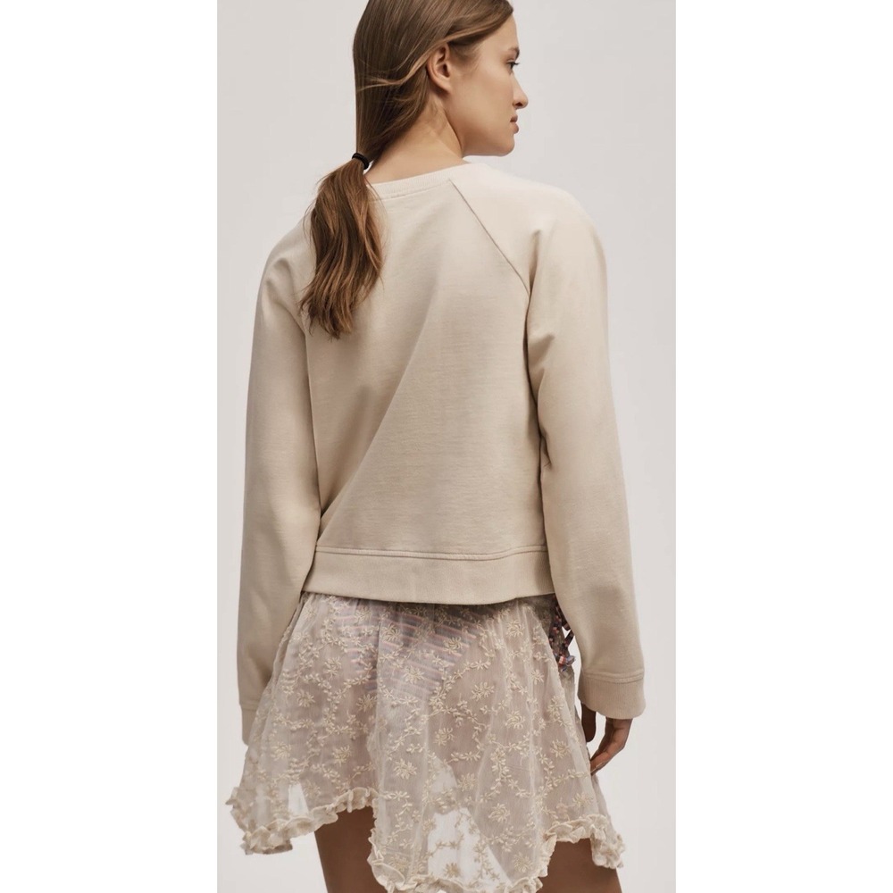 Anthropologie Embroidered Short Sleeve Sweatshirt Tan Crew Neck Women's Size S - Picture 2 of 8